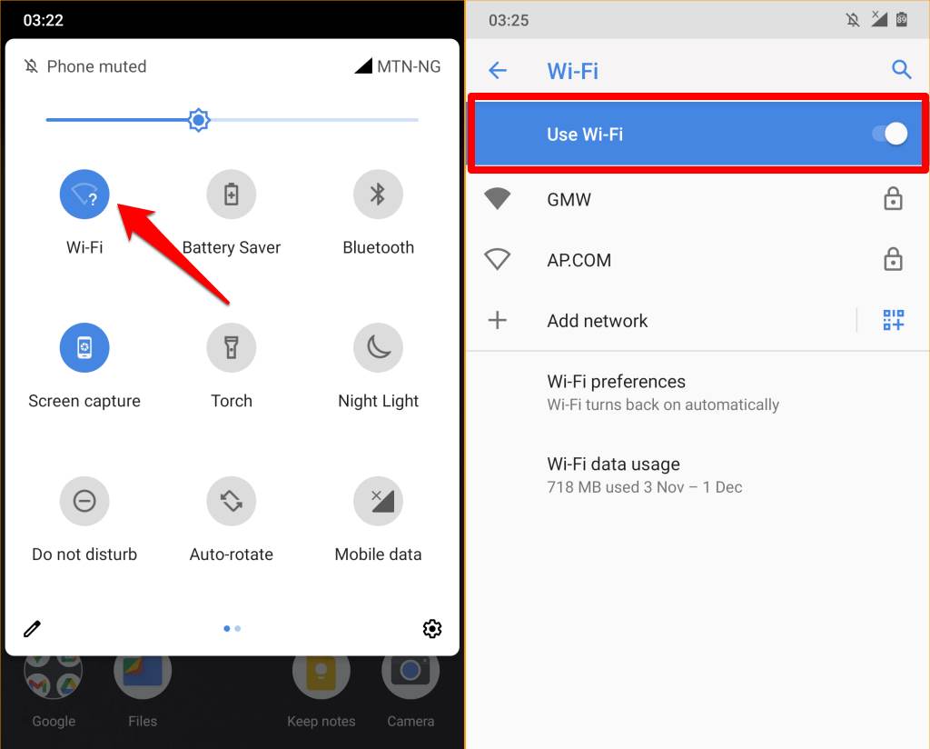 Android settings menu showing Keep WiFi on during sleep option highlighted for fix.
