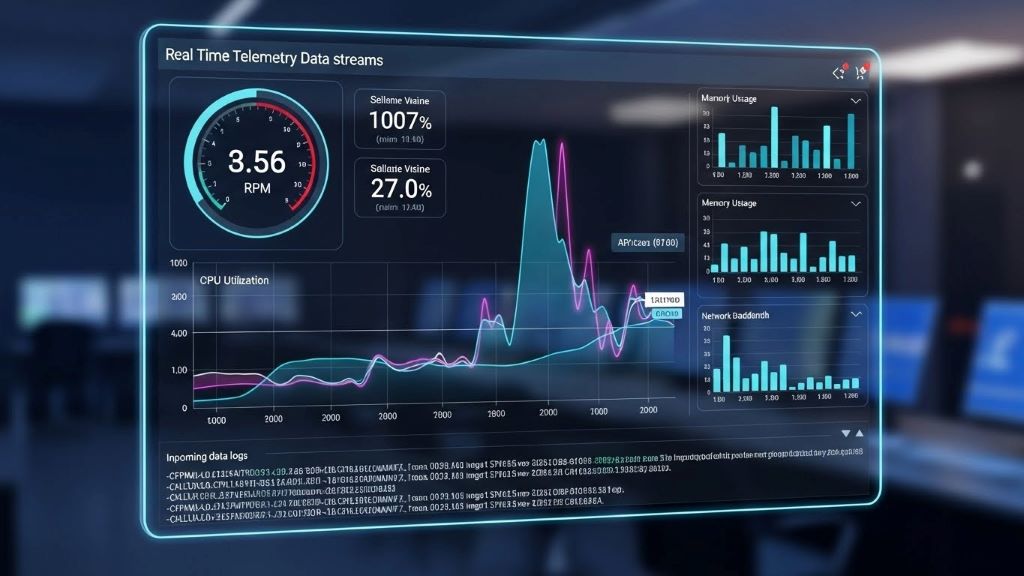 Dashboard displaying real-time telemetry data streams with multiple performance metrics and graphs