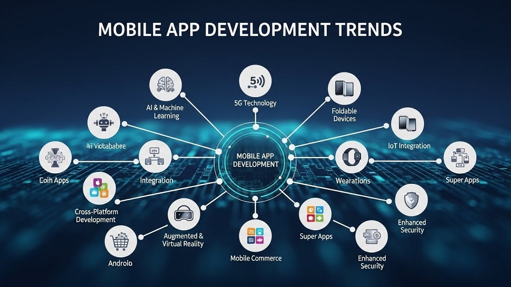 Mobile app development trends 2026 infographic showing AI, AR, and 5G integration icons