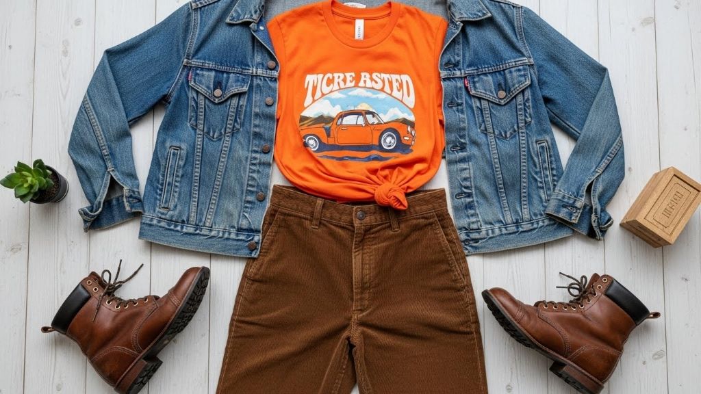 Orange graphic t-shirt styled with vintage denim jacket brown corduroy pants and vintage leather boots for authentic retro look