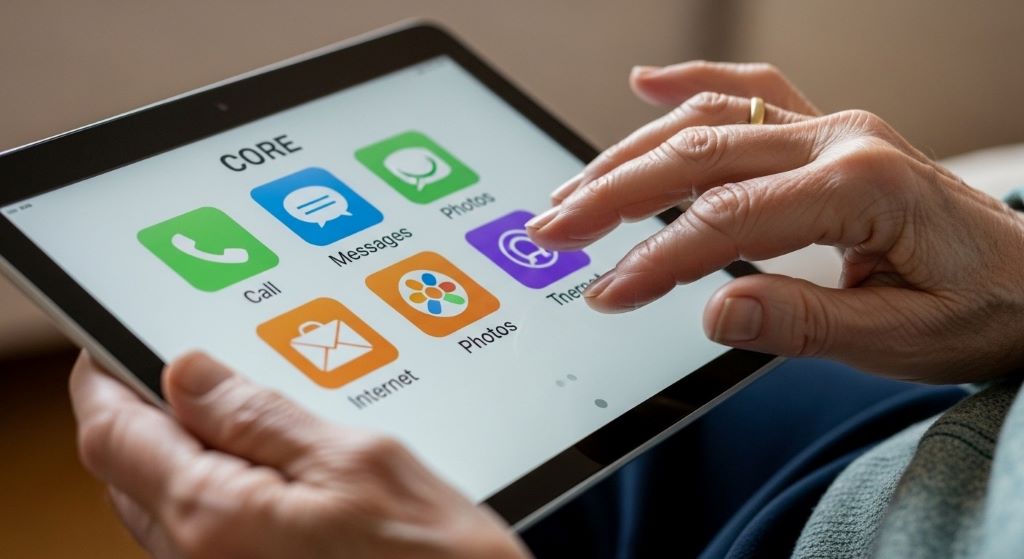 Elderly hands holding digital tablet with extra large icons and simplified menu screen for senior-friendly navigation