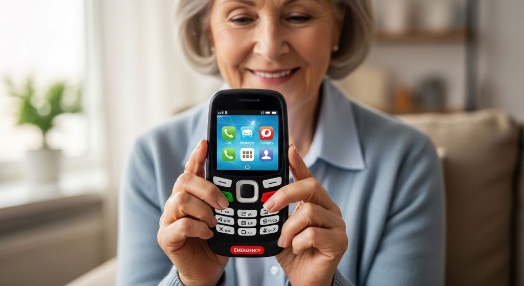 Senior woman easily using large button cell phone designed for elderly with simplified interface and emergency button