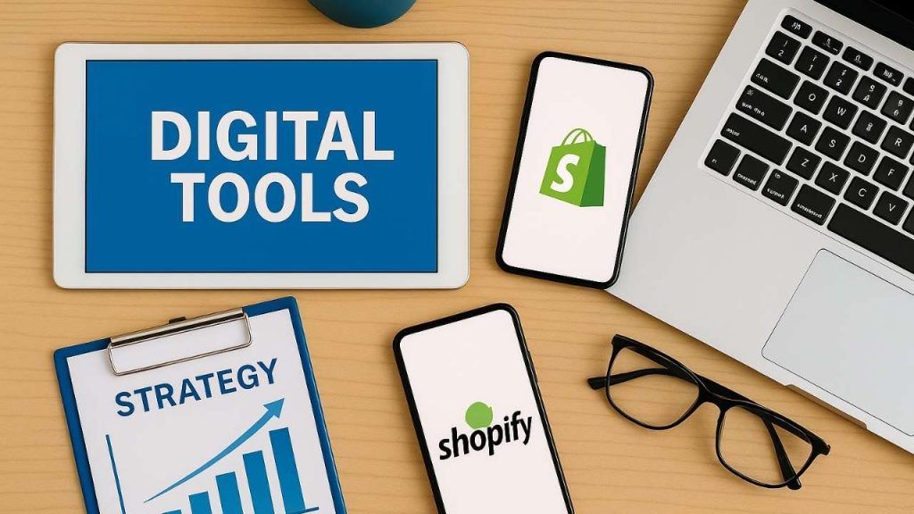 Business owner using digital tools on a laptop to manage marketing and growth strategies