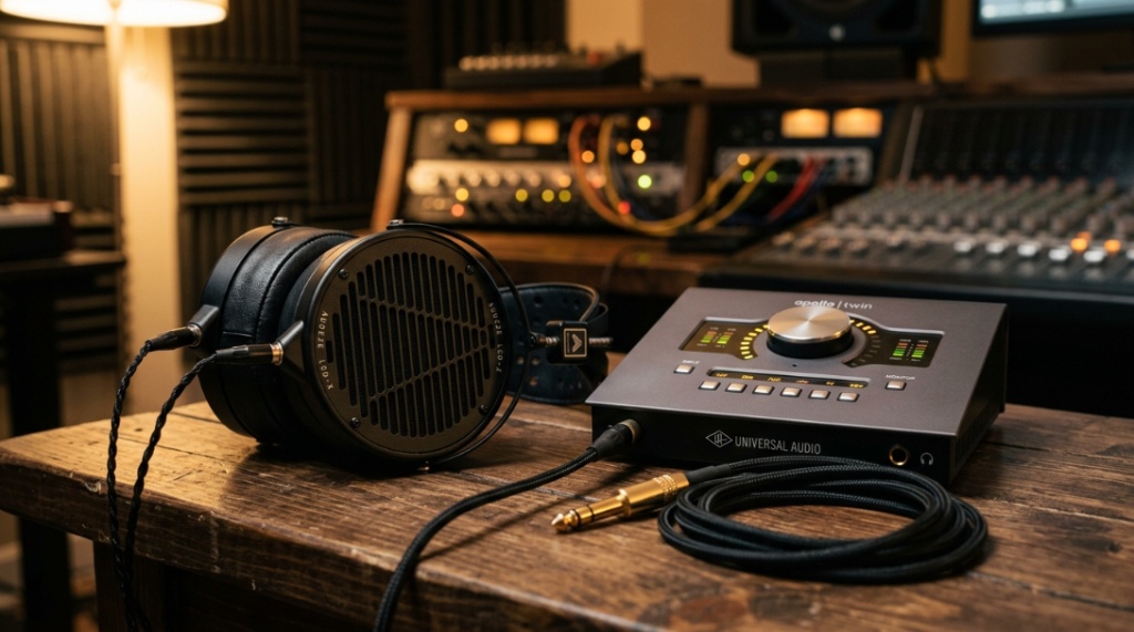 Musician playing acoustic guitar while wearing black studio headphones.