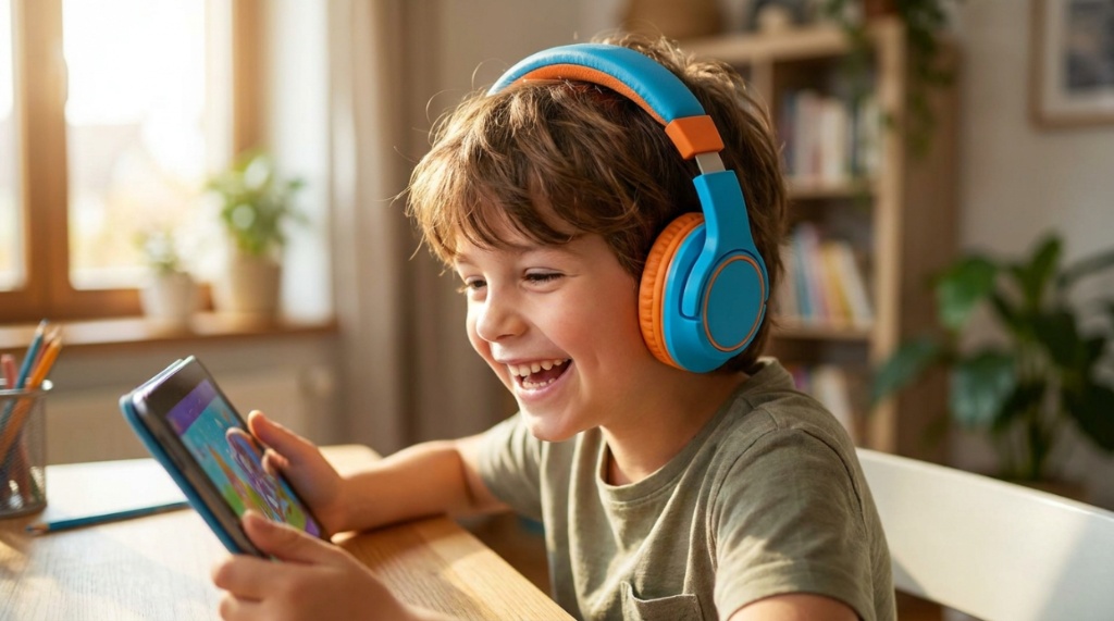 Child smiling while wearing plush cushioned over ear headphones at a desk.