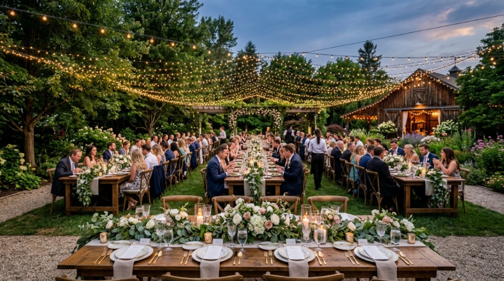 Elegant backyard home wedding reception illuminated by fairy lights at dusk.