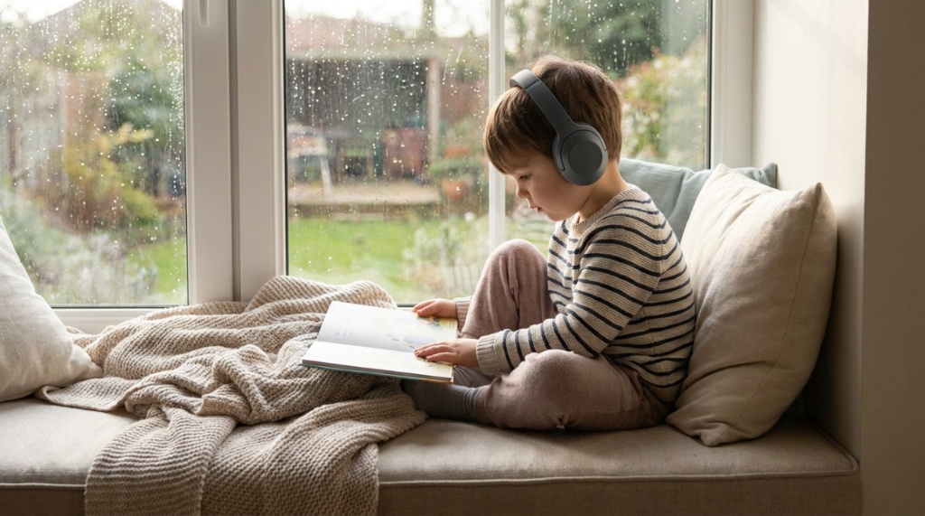 Young girl reading on window seat wearing lightweight wireless kids headphones.