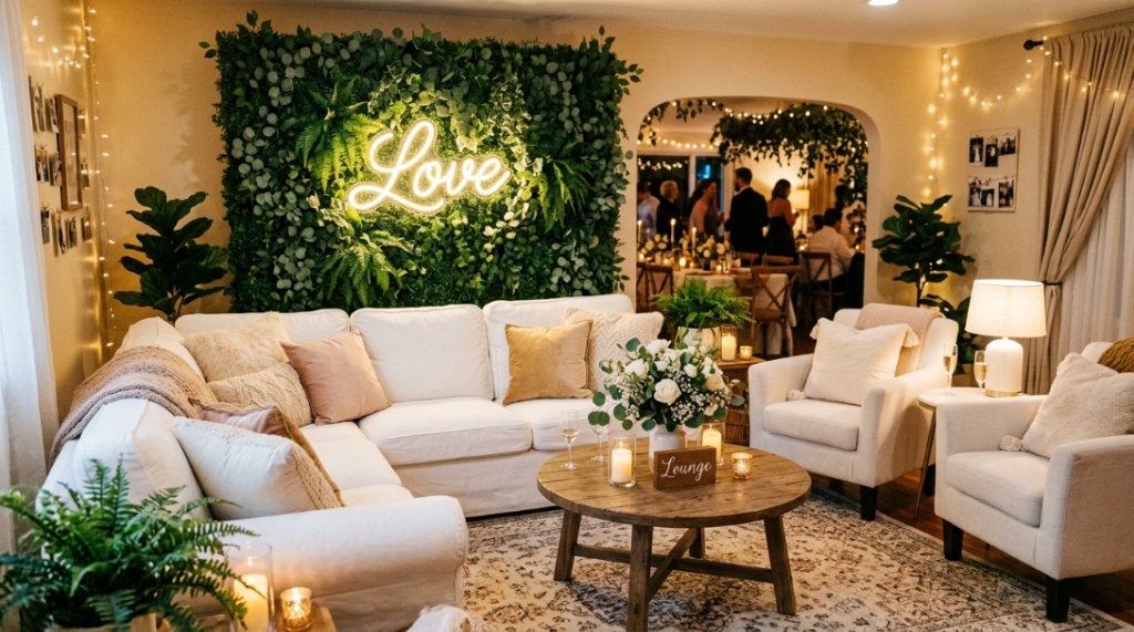 Indoor wedding reception lounge featuring a green wall and warm neon sign.