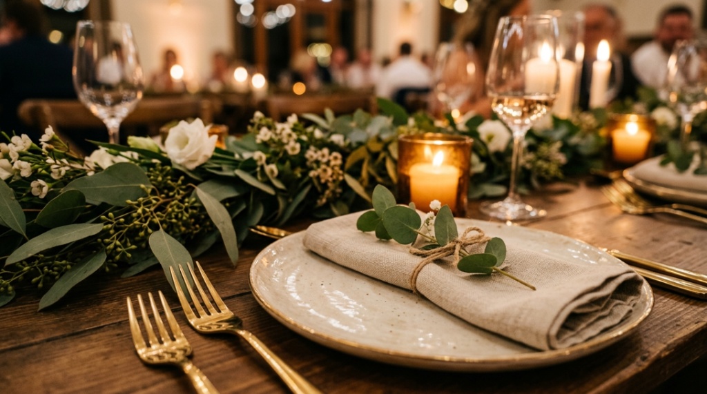 Close-up of modern wedding reception table decor with gold cutlery and eucalyptus.