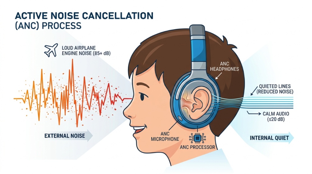 Diagram showing active noise cancellation blocking loud engine sounds for kids.