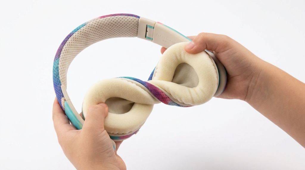 Close up of flexible kids headphones showing thick memory foam ear pads.