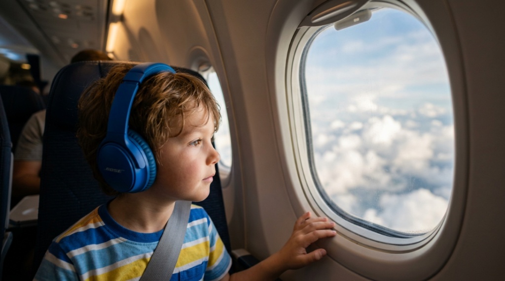 Child wearing blue noise cancelling headphones looking out an airplane window.