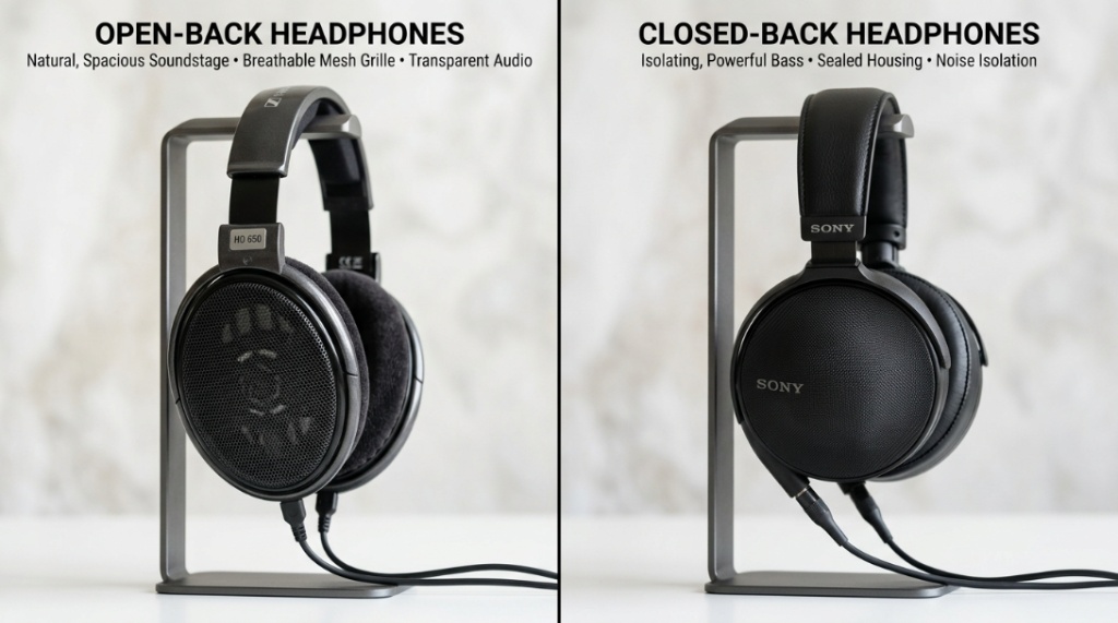Side profile comparison of open back and closed back earcups.