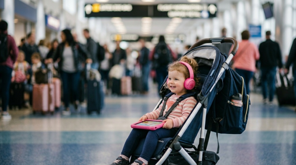 Toddler wearing pink headphones in a stroller at a crowded airport.