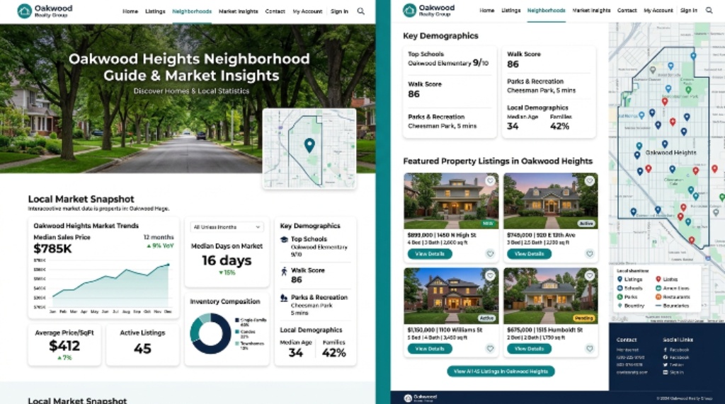 Real estate website neighborhood page with local market data and property listings