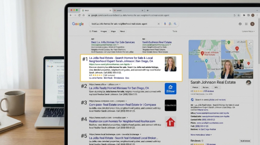 Google search results showing real estate agent website ranking for neighborhood keywords