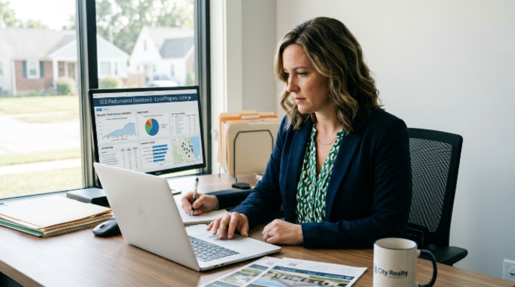 Real estate agent reviewing SEO strategy on laptop for local property listings