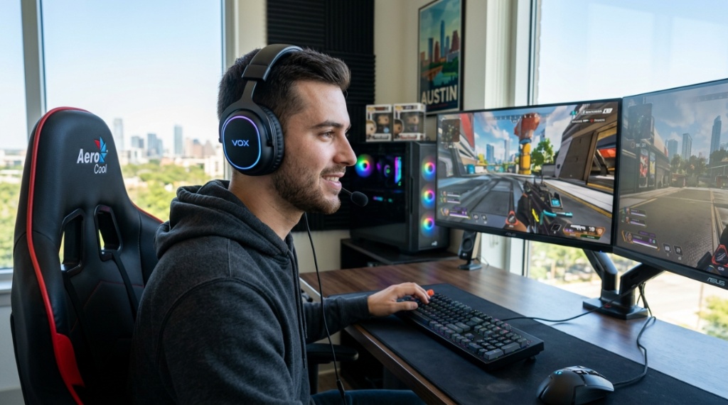 Gamer testing a budget noise-canceling headset at a desktop setup.