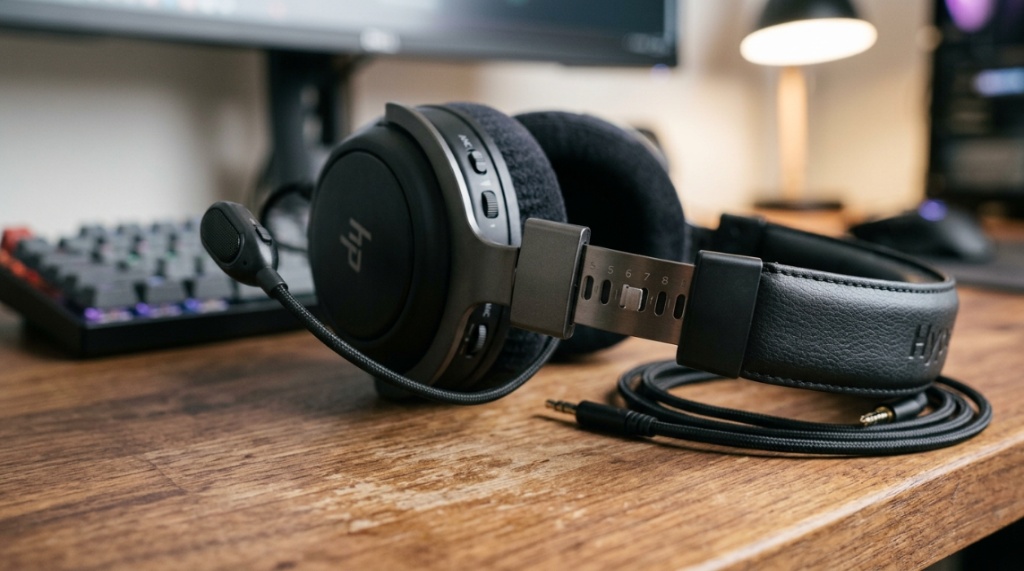 Close-up of a gaming headset microphone and volume controls.